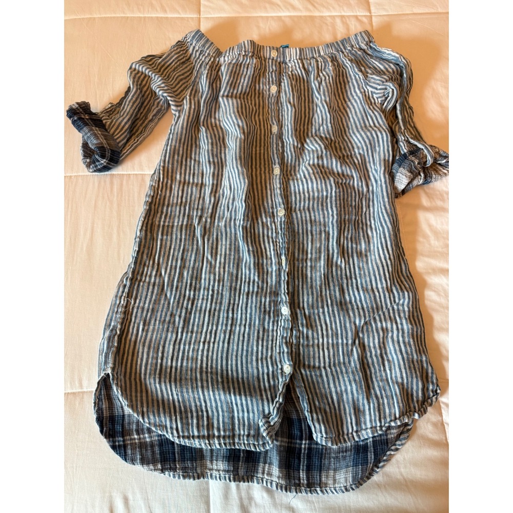 Blue Island Womens Off Shoulder Striped Tunic Button Down Roll Tab Top Blue M